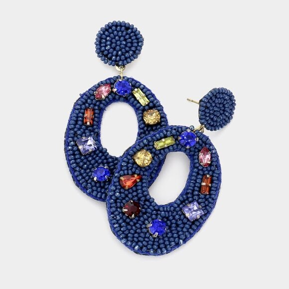 NEW Blue Stone Embellished Seed Beaded Retro Cut Out Oval Earrings - Picture 1 of 7